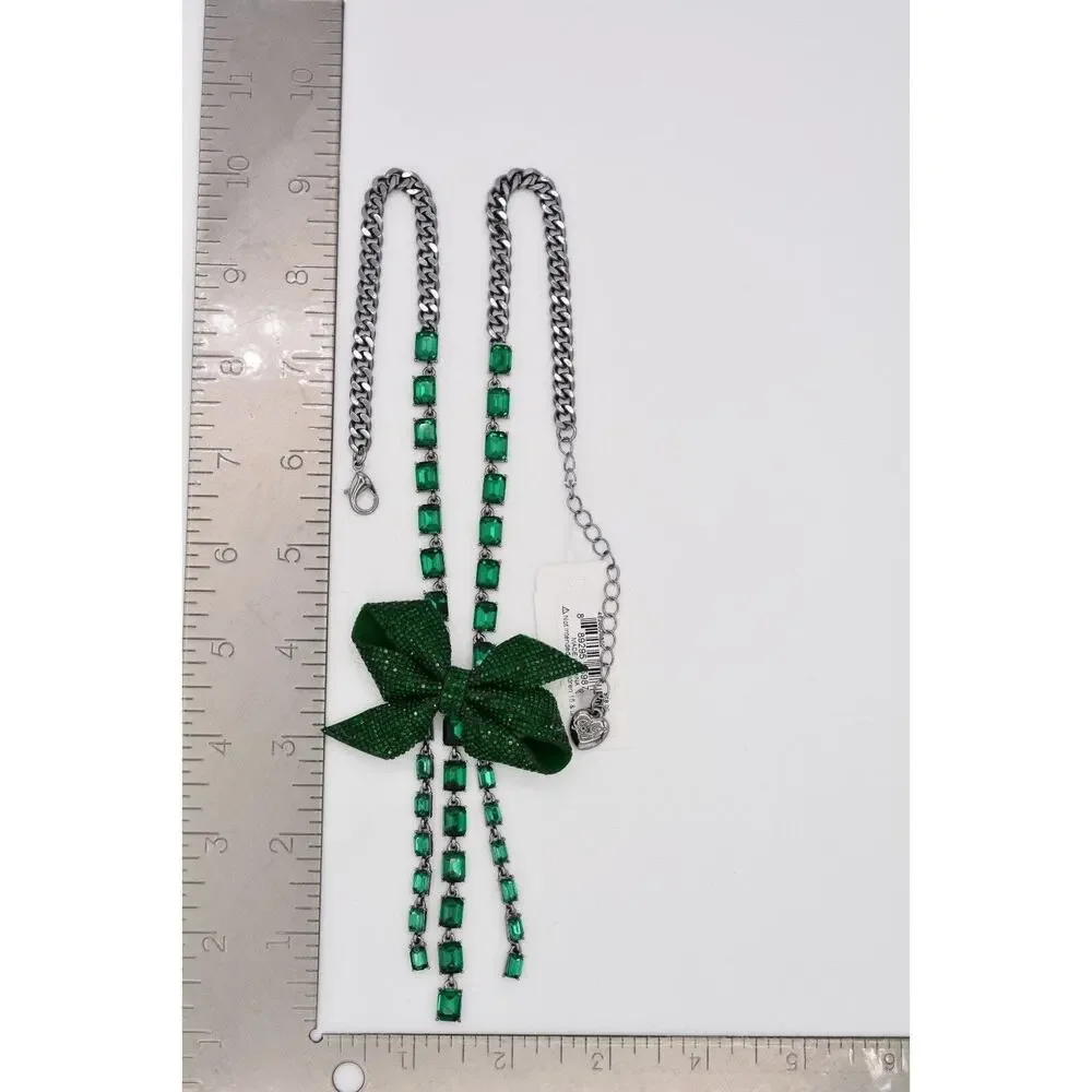 Betsey Johnson Green Christmas Bow Necklace Baguette Crystal Holiday NWT BinBJ